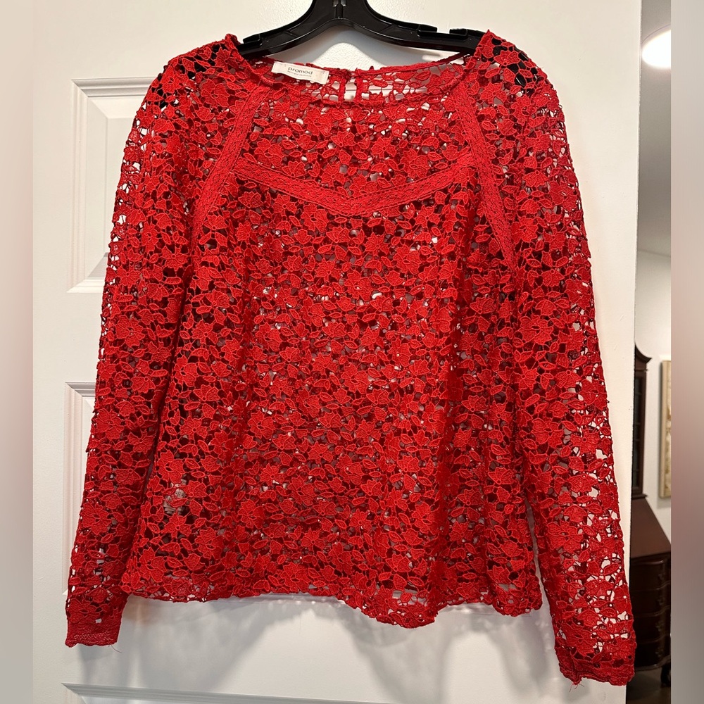 Promod Red Crochet Lace Long-Sleeve Top